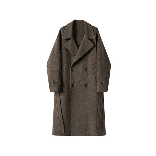 William fox&sons fine and flexible 100% sheep wool double-sided wool coat with split lapels, double rows of belts and over-the-knee coat, brown M /48