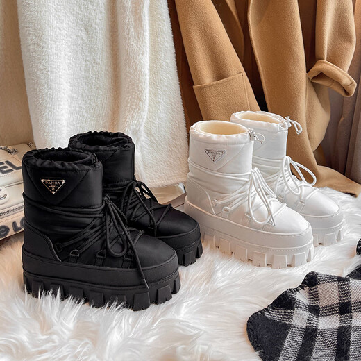 Huali Cave dreieckiges Logo warme Schneestiefel mit dicken Sohlen für Damen 2024 Winter neue rutschfeste Kurzrohr-Skistiefel plus Samt-Baumwollschuhe milchweiß_(High-End-Version) 35