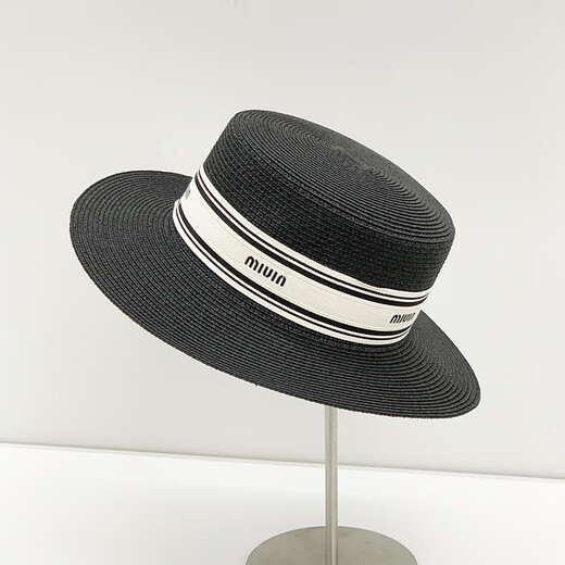 Grosfairy French flat-top sunshade straw hat for women summer hat sun protection sun hat for beach travel straw big-brimmed beach hat MIUIN webbing-black