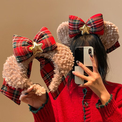 Beautifully made Christmas bow, red bear ears, plush headband, female amusement park photo, face wash, makeup, headband, cute bear headband, 1 piece
