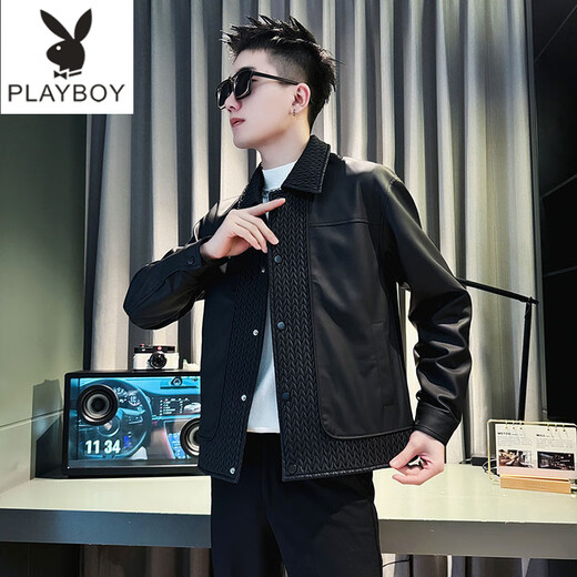 Playboy men's popular popular pu leather jacket trendy brand casual handsome motorcycle suit autumn and winter 2025 new leather jacket black M recommended 120Jin Jin equal to within 0.5 kg