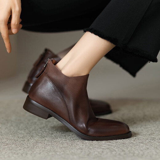 Belle's high-end super soft genuine leather flat-soled French style ankle boots for women 2024 spring and autumn retro brown (single lining) 38