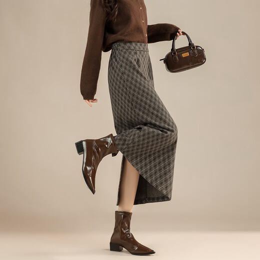 TERRE BLEUE winter hip-hugging skirt high-waisted slim mid-length skirt 25 autumn and winter versatile temperament retro tartan skirt for women