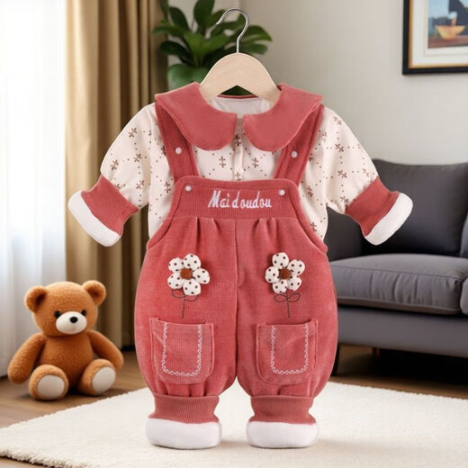 G.duck冬装婴儿可开档棉衣棉服娃娃领甜美婴幼儿女童秋冬背带裤夹棉套装 桃红 【花朵背带】 90 (70-80cm22斤以内)