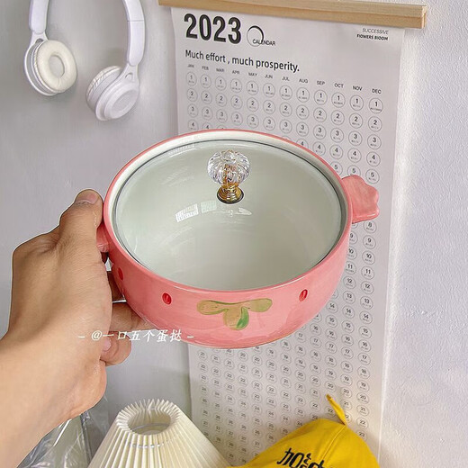 Sailotou instant noodle bowl three-piece set strawberry ceramic i-style double-eared soup bowl with lid student eating bowl cute girly tableware Strawberry instant noodle bowl + spoon + chopsticks