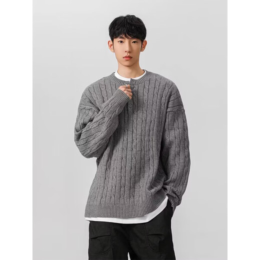 American Henry Collar Sweater Men's Autumn and Winter Cleanfit Loose Lazy Twist Knit Sweater with Bottoming Top Gray XL