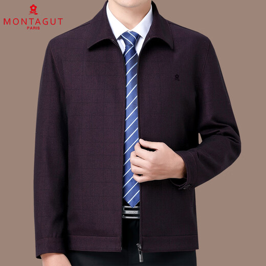 MONTAGUT Wool Jacket Men's Middle-aged and Elderly Spring and Autumn Lapel Plaid Business Casual Jacket Dad's Wear Executive Jacket Burgundy 4XL 195/108A