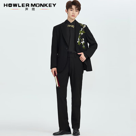 Sound Monkey Suit Men's Engagement Wedding New Chinese Suit Jacket Embroidery Men's Casual Tunic Wedding Suit Black Jacket + Black Shirt + Black Trousers Three-piece Set 2XL
