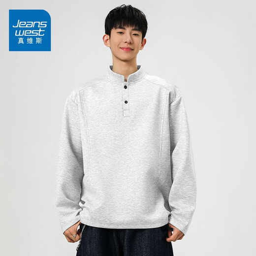 Jeanswest 2025 Men's Henley Collar Long Sleeve Sweatshirt Autumn New American Fashion Brand Stand Collar Versatile Loose Casual Top Black M