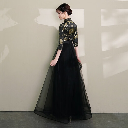 Timochi New Chinese Style Women's Banquet Evening Dress Small 2026 Chinese Style Black Temperament Long Style Host Style Solo Finger Black M