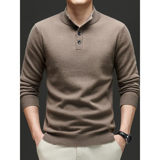 SEMALAM2025 autumn and winter new style wool thickened Henry collar button solid color pure wool warm simple men's knitted sweater brown M