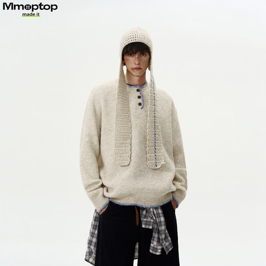 MMOPTOP retro atmosphere knitted sweater autumn and winter men's sheep wool design Henry collar sweater MMY19 oatmeal gray L