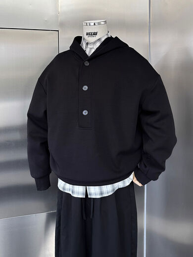 Selected vintage 350g air layer henley collar loose hooded sweatshirt for men black black S