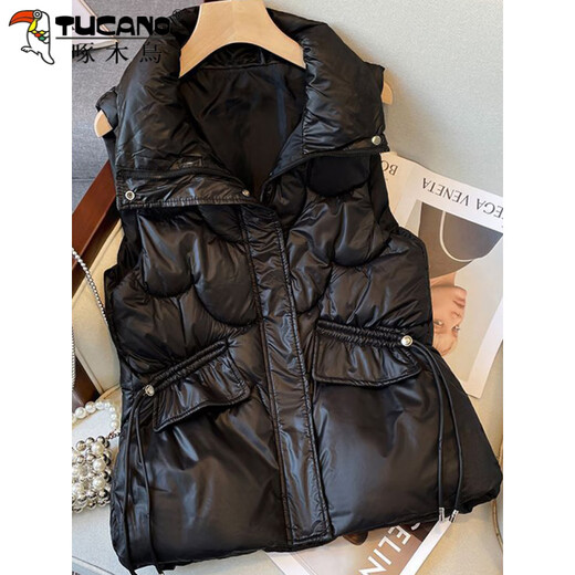 Woodpecker no-wash glossy down cotton vest for women 2025 autumn and winter Korean style short loose stand-up collar waistcoat vest black 618 black XL recommendation 120-140Jin Jin equals 0.5 kg