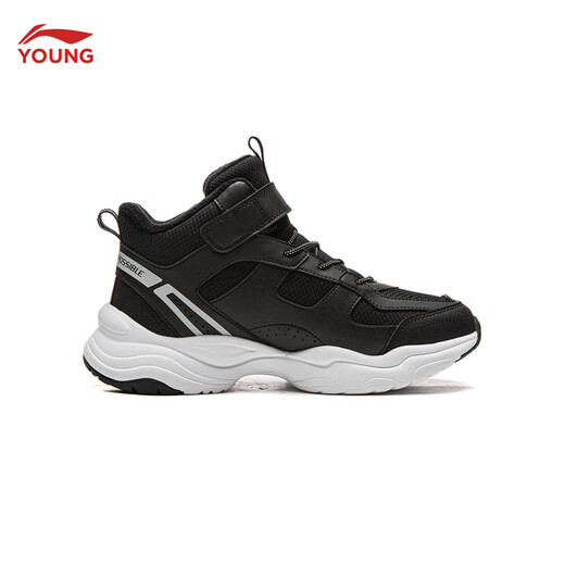 Li Ning children's shoes, children's cotton shoes, sports shoes, men's and women's, velvet, reflective, water-repellent, mid-top casual shoes, YKCU224, velvet, black-9 36