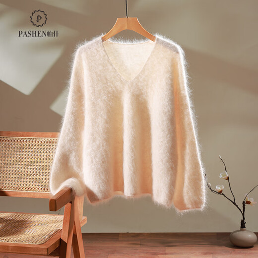 Pash women's brushed cashmere sweater 100% cashmere 25 autumn and winter new V-neck versatile knitted sweater DS-111 light blue one size