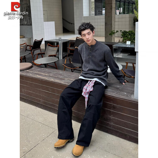 Pierre Cardin black Henry collar sweater for men, autumn old money style long-sleeved T-shirt, American retro lazy top knitted black, upgraded style M