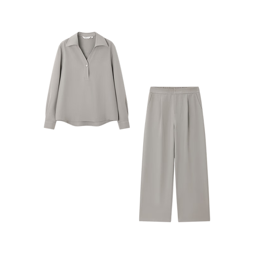 Mohan Yimei urban rights travel style suit 2025 autumn new old money style lapel shirt wide leg pants two-piece set