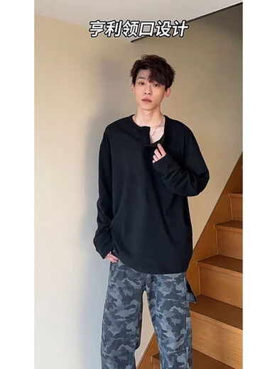 Cleanfit henley collar German velvet bottoming shirt men's winter plus velvet warm round neck long-sleeved t-shirt with sweatshirt inside black upgraded style M collection and purchase priority b