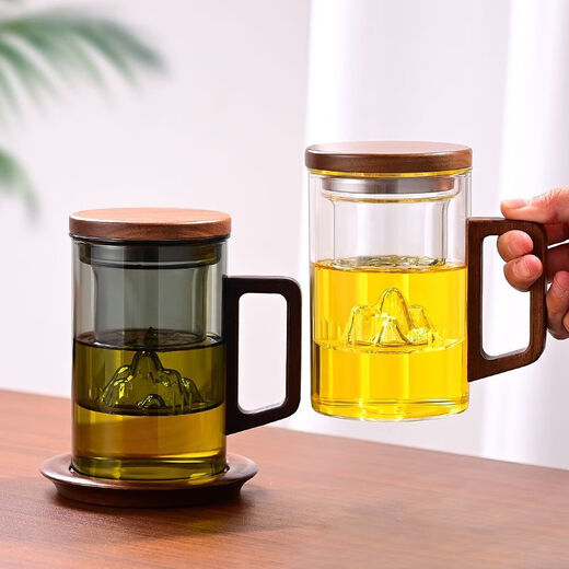High temperature resistant tea separation cup glass tea cup walnut handle mountain cup household water cup business cup office cup gray wooden handle mountain cup 450ml