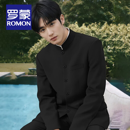 ROMON New Chinese Style Ming Button Chinese Stand Collar Suit Men's Groom Wedding Banquet Suit Chinese Style Art Exam Mao Suit Black Jacket + Pants 2XL (Recommended 171-195 Jin Jin equals 0.5 kg)