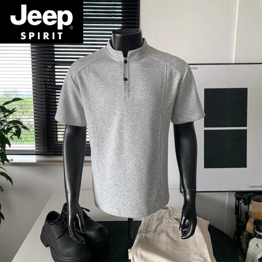 JEEP SPIRIT gray henley collar long-sleeved polo shirt men's American deconstructed splicing right shoulder t-shirt boxy version inner sweatshirt light gray short sleeves M