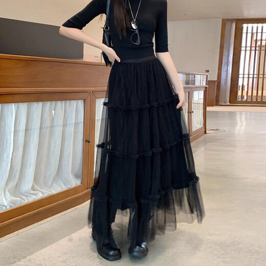 Mesh skirt women's winter reversible high-waisted A-line gauze skirt 2025 new super fairy cake skirt versatile apricot color one size fits all 80-150Jin Jin equals 0.5 kg