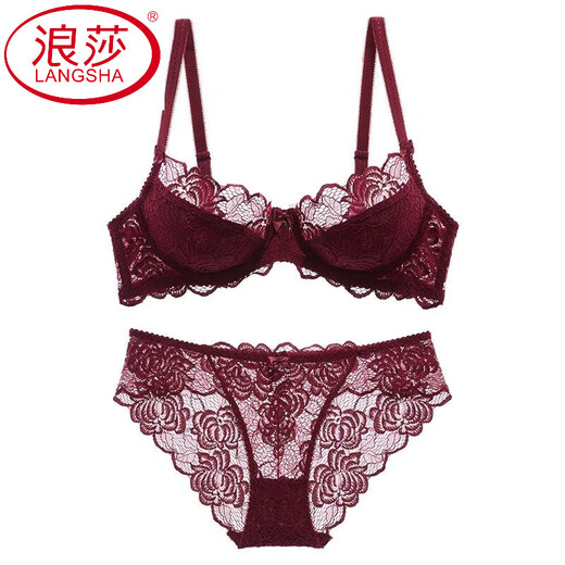 LangSha Red Pure Desire Sexy Underwear Women's Zodiac Year Set Lace Ultra-Thin Push-up Breast Control Anti-Sagging Bra Burgundy Set High-end Underwear Gift Box 75B (34)
