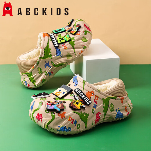 ABC KIDS children's cotton slippers 2025 winter new style non-slip plus velvet Minecraft warm baby cotton shoes for boys and girls light gray 32-33 inner length 20cm/foot length 19-19.7cm