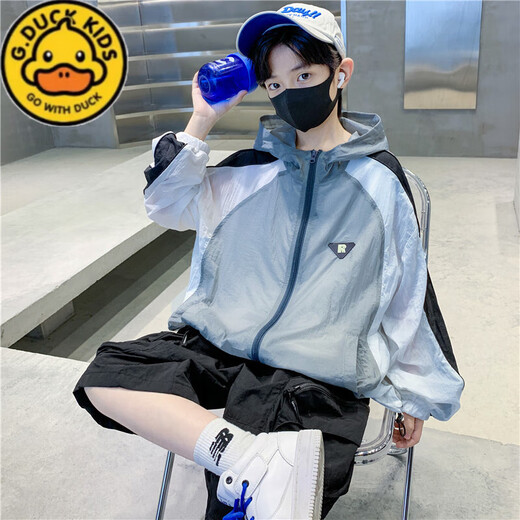 G.DUCKKIDS children's clothing boys summer sun protection jacket 2025 new children's breathable thin section medium and large children handsome hooded sun protection jacket gray 120 cm