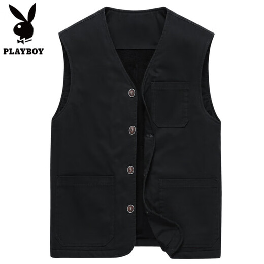 花花公子高端纯棉马甲男秋冬加绒加厚中老年男士无领马夹宽松背心大码坎肩 米白色 M 【90-105斤】