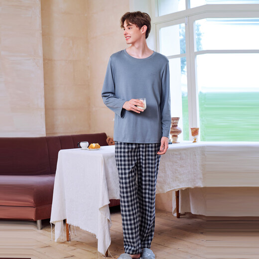 American Standard New Long Sleeve Couples Pure Cotton Pajamas for Women Spring and Autumn Simple Casual Plaid Cotton Wearable Outerwear Home Clothing Suit for Men Edelweiss Blue 3XL