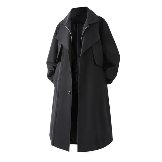 ROMON windbreaker men's mid-length autumn and winter Korean style loose double-layer collar fake two-piece coat black L