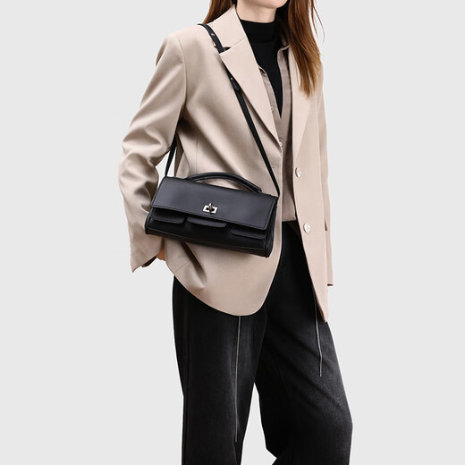 MOSPOKE light luxury brand genuine leather bag women's bag handbag horizontal small square bag lock bag baguette handbag shoulder bag oblique black gold buckle