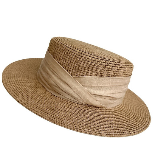 Grosfairy French flat-top sunshade straw hat for women summer hat sun protection sun hat for beach travel straw big-brimmed beach hat MIUIN webbing-black