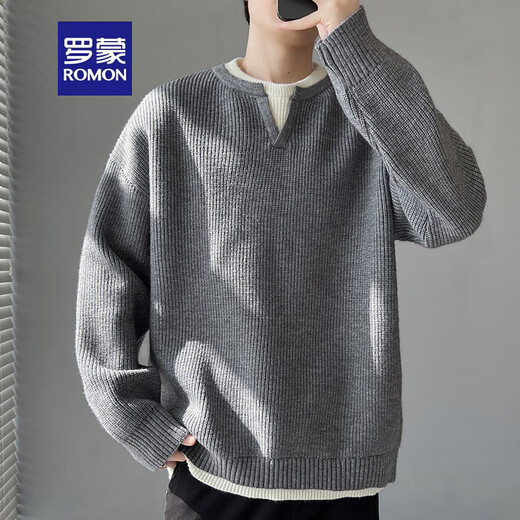 ROMON trendy brand American retro twist sweater men's winter high-end layered Henry V-neck knitted bottoming shirt Navy XL