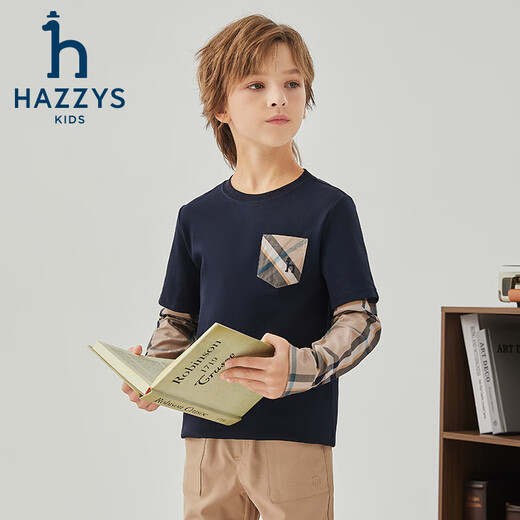 HAZZYS children's clothing boys' crew neck shirt autumn new pique stitching long-sleeved T-shirt navy 165