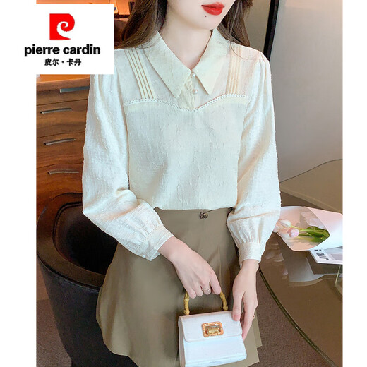Pierre CARDIN fashionable doll collar shirt for women in autumn new Korean style versatile long-sleeved chiffon shirt slim-fitting base shirt top CY6196 apricot L