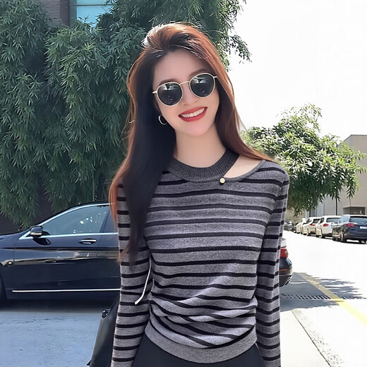 Su Yuwei old money style gray striped hollow knitted bottoming shirt for women in autumn and winter, high-end slim fit inner sweater, shoulder top, dark gray stripes, follow the store - free shipping insurance S (80-95Jin Jin is equal to 0.5kg)