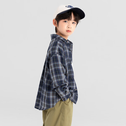 Duojia salt-style literary style boys' shirts 2025 autumn handsome and refreshing small blue checkered long-sleeved children's cotton tops blue checkered 130