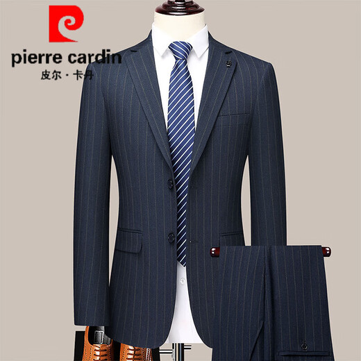Pierre Cardin Wool Suit Men's 2025 Autumn and Winter New Middle-aged Men's High-end Business Casual Formal Wedding Suit 2601 Gray Stripe Two Buttons Bilateral Slits XL (180) - Recommended weight 145-165 Jin Jin equals 0.5 kg