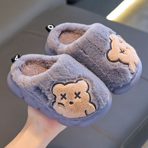 Children's cotton slippers for boys winter cartoon cute non-slip indoor home soft bottom parent-child baby slippers upgraded version of environmentally friendly material khaki slippers 12 24/25 size (shoe length 15CM suitable for feet 14