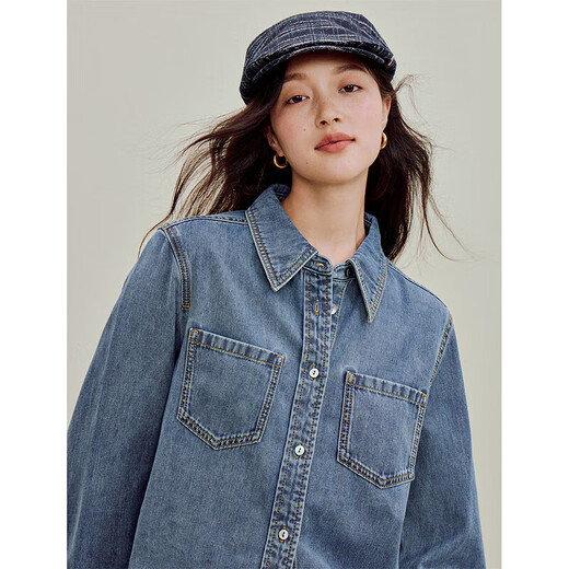 Inman 2026 spring women's new style retro fashion pure cotton denim shirt versatile washed loose long-sleeved shirt denim blue XL