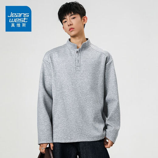 Jeanswest 2025 Men's Henley Collar Long Sleeve Sweatshirt Autumn New American Fashion Brand Stand Collar Versatile Loose Casual Top Black M