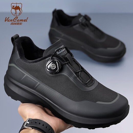 Western Camel (VANCAMEL) outdoor hiking shoes for men 2025 winter new rotating button plus velvet shoes thick sole cushioning hiking sports shoes for men black custom plus velvet model 42 standard leather shoe size