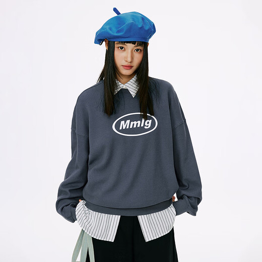MMLG圆领卫衣女2025秋季新款华夫格肌理格纹韩版胶印logo短版上衣外套 浅雾蓝 S