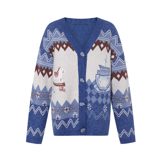 Two or Three Things Long Island Vacation 2025 Winter New Retro Appliqué Embroidered Geometric Color Block Sweater Cardigan Women's Loose Nostalgic Blue-y S