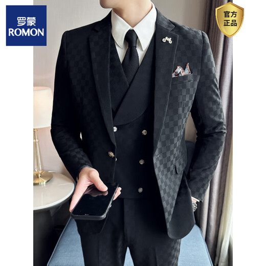 ROMON suit suit men's three-piece slim coat plaid small suit professional formal groom handsome wedding dress trendy dark gray suit + vest + trousers + white shirt + black tie M