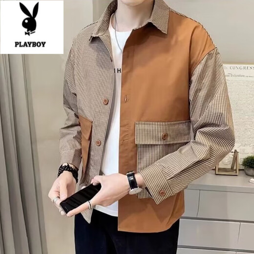 花花公子（PLAYBOY）设计感拼接条纹衬衫男士春夏季薄款外套潮牌痞帅休闲百搭翻领夹克 卡其色 NSJD#683高质量 M