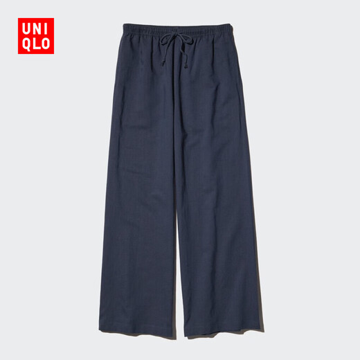 Uniqlo Femenina de lino para mujeres Pantalones elásticos/pantalones casuales473791 69 Navy M/160/66a
